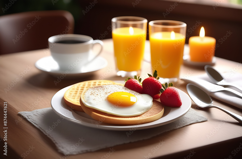 delicious breakfast for two at the luxury hotel with egg toast strawberries and drinks tea and juice