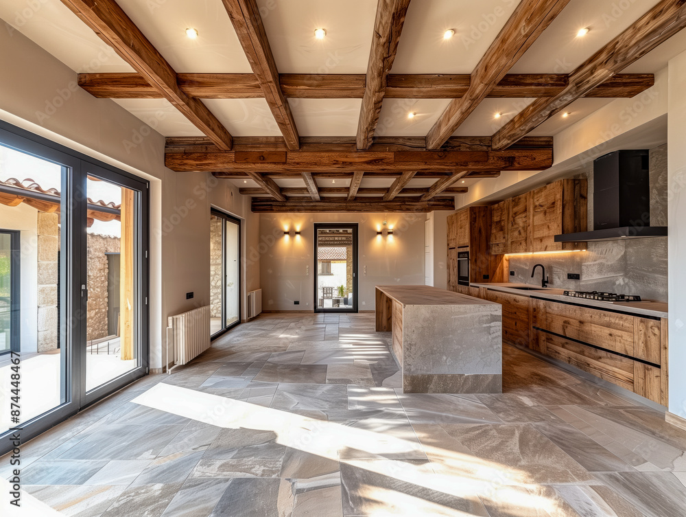 Interior of a house under construction with wooden beams Interior of a house under construction with wooden beams