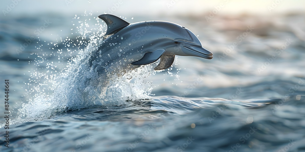 Fototapeta premium A 3D image of a friendly dolphin leaping out of water. Concept Ocean Wildlife, Marine Animals, Aquatic Scenes, Wildlife Photography, 3D Renderings