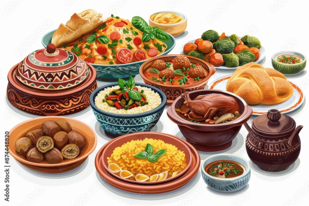 A mouth-watering display of Moroccan dishes, including tagines, couscous, and freshly baked bread. A mouth-watering display of Moroccan dishes, including tagines, couscous, and freshly baked bread.