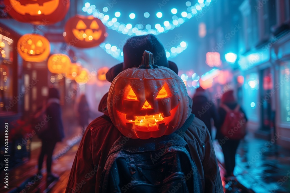 Naklejka premium Person Wearing Lit Jack O' Lantern Mask Walking Through City Street at Night