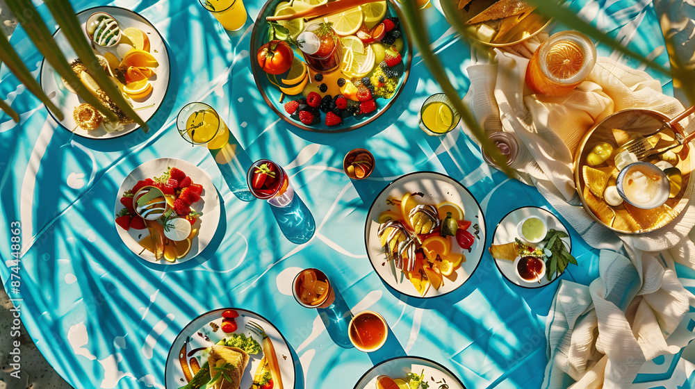 Fototapeta premium An electric blue picnic table adorned with plates of food and drinks, creating a visual art piece resembling a painted pattern drawing under a glass ceiling at a circle event