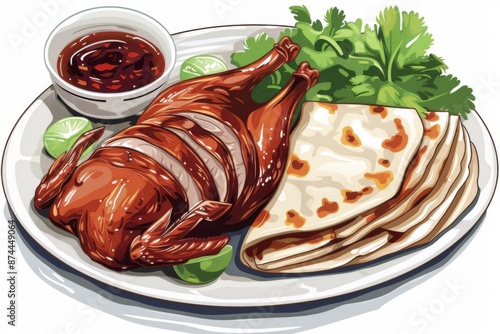 Savory Peking duck served with steamed pancakes and hoisin sauce, perfect for a delicious meal. The golden skin glistens, making your mouth water.