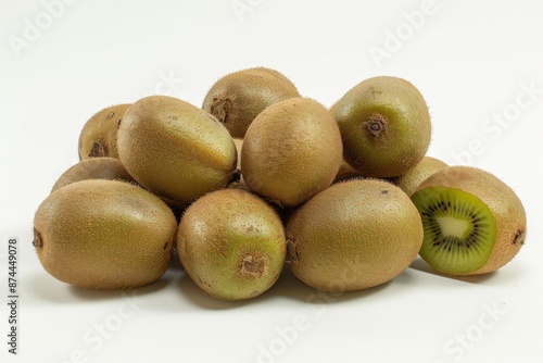 Fototapeta Naklejka Na Ścianę i Meble -  A vibrant pile of kiwi fruits showcasing their fuzzy brown skin and bright green interior. The juicy flesh is a perfect contrast to the rough exterior.