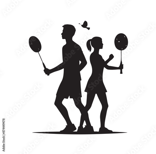 Badminton male female player Silhouette. playing badminton on a white background. Badminton player vector illustration.