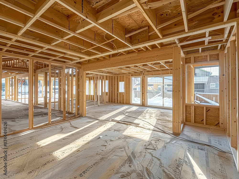 Fototapeta premium Interior of a house under construction with wooden beams