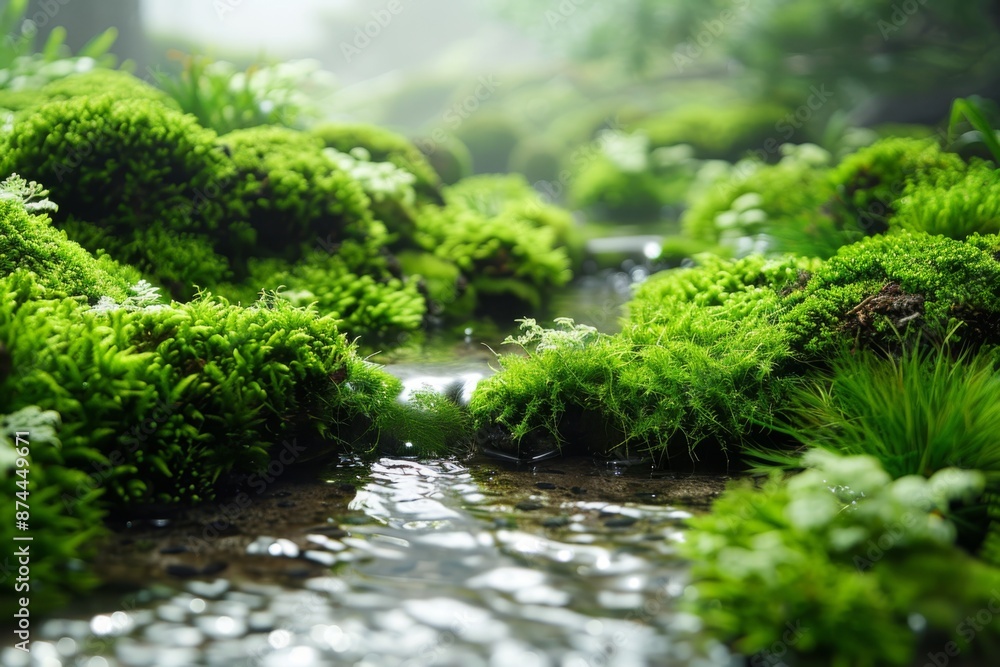 A peaceful forest scene with dappled sunlight and a gentle brook. Vibrant green moss covers the forest floor. A peaceful forest scene with dappled sunlight and a gentle brook. Vibrant green moss covers the forest floor.