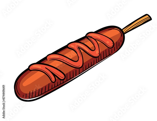 Hand drawn colored corn dog sketch with sausage and sauce vector illustration isolated on white background