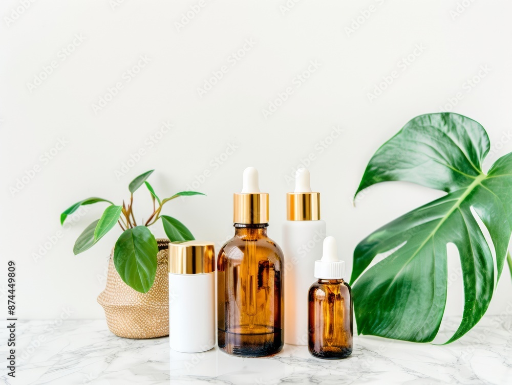 Eco-Friendly Skincare Products on Marble Countertop with Green Plants in Background, Highlighting Natural Ingredients in Serene Setting Eco-Friendly Skincare Products on Marble Countertop with Green Plants in Background, Highlighting Natural Ingredients in Serene Setting