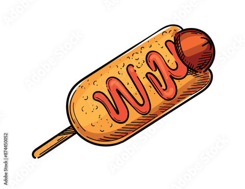 Hand drawn colored corn dog sketch with sausage and sauce vector illustration isolated on white background