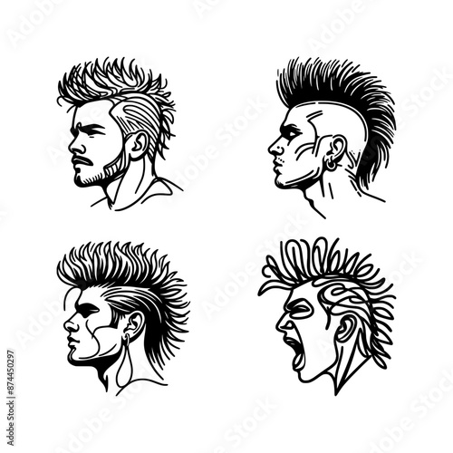vector set of a man with mohawk hair style - line drawing sketch (artwork 1)