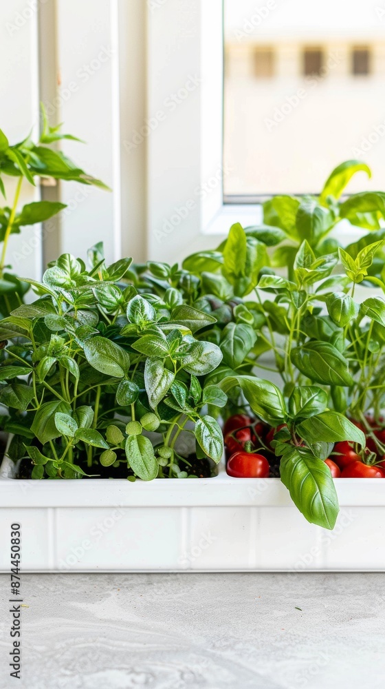 Fototapeta premium Modern Indoor Hydroponic Garden in Bright Kitchen, Eco-Friendly Herbal Growing Techniques