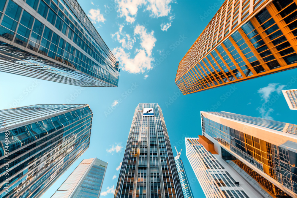 Fototapeta premium Towering skyscraper office buildings under a sky background, featuring a single striking advertisement poster.