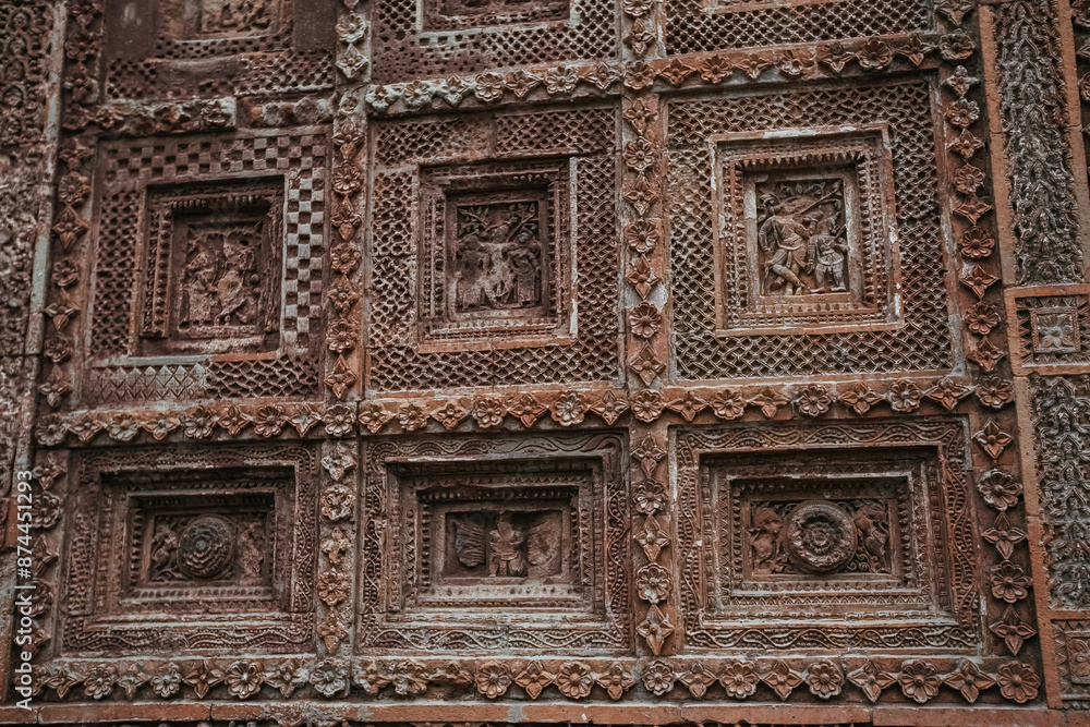Beautiful details and bas reliefs of ancient Hindu Pancharatna Temple (Temple of the Five Jewels) in Puthia Bangladesh Beautiful details and bas reliefs of ancient Hindu Pancharatna Temple (Temple of the Five Jewels) in Puthia Bangladesh