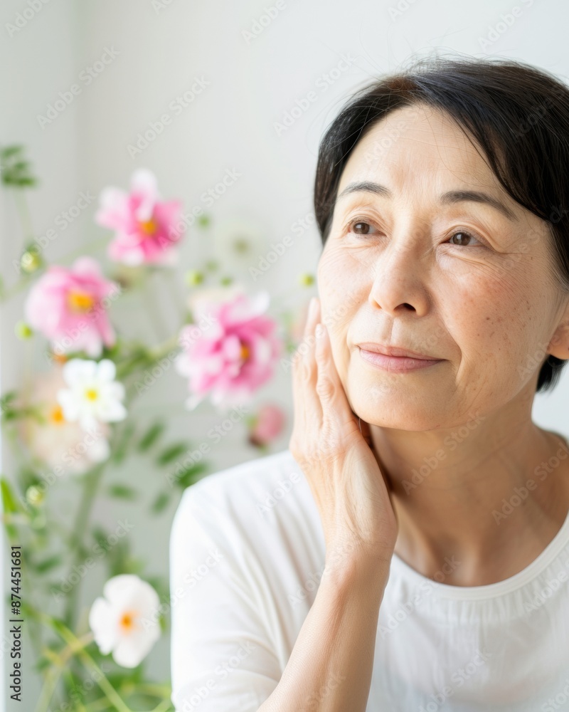 Middle-Aged Asian Woman Applying Aloe Vera Cream for Natural Skin Care by a Garden Window