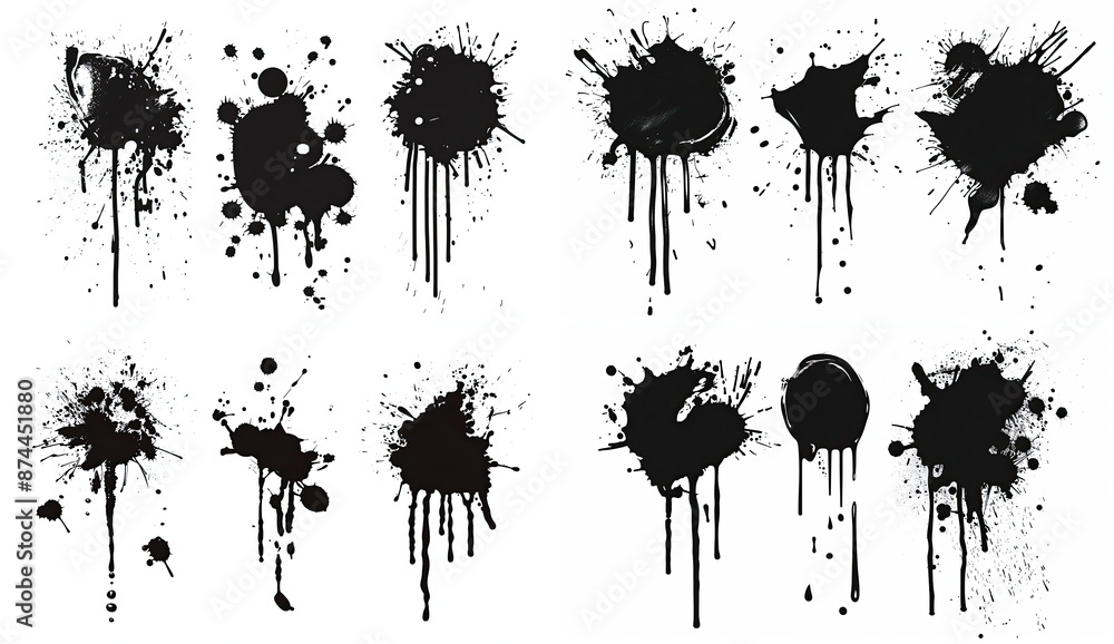 A set of ink blots with smudges on a white background. A graphic resource. A set of ink blots with smudges on a white background. A graphic resource.