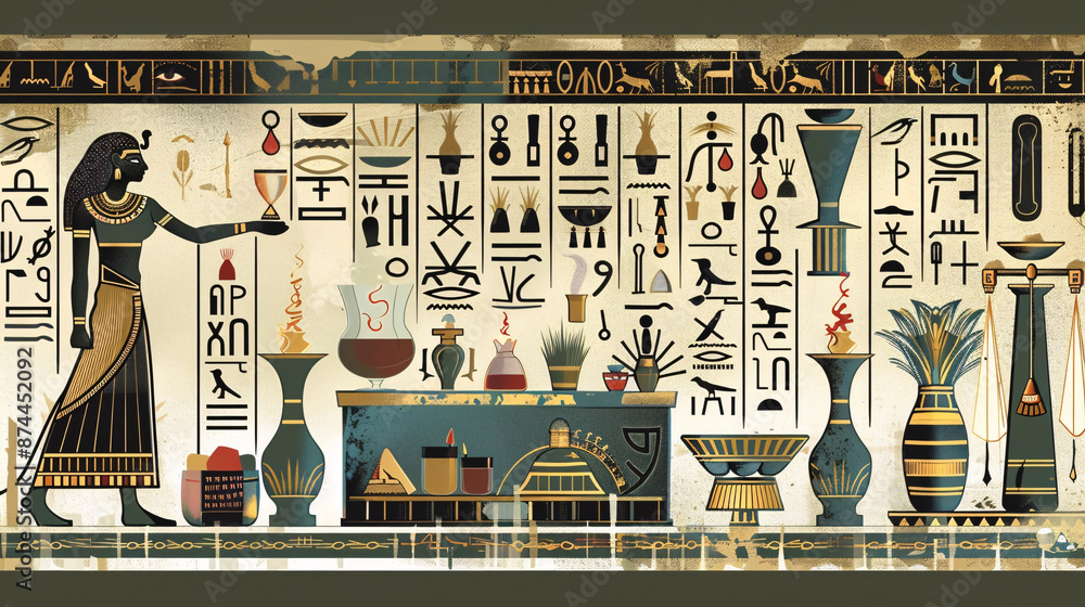 An ancient Egyptian wall painting featuring hieroglyphs and a figure ...