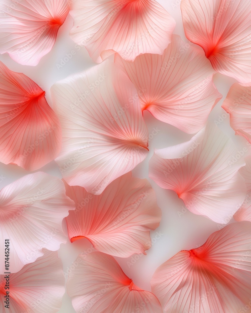Fototapeta premium Pastel Red Petals Arranged on White Background in Bright Sunlit Setup, Evoking Simple Elegance and Symmetry
