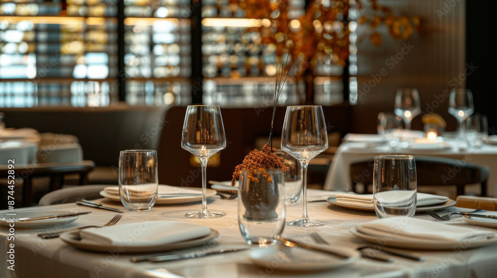 Elegant table settings with minimalist yet chic décor, fine glassware, and stylish cutlery, emphasizing the high-end nature of the restaurant. Elegant table settings with minimalist yet chic décor, fine glassware, and stylish cutlery, emphasizing the high-end nature of the restaurant.