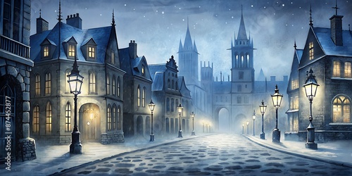 Fototapeta Naklejka Na Ścianę i Meble -  Moody dark winter night scene of Dijon city's vintage urban architecture, featuring intricate stone carvings, ornate facades, and misty cobblestone streets.