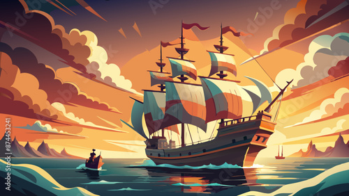 Majestic Sailing Ship on a Picturesque Ocean Voyage at Sunset