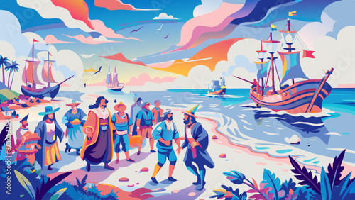 Vibrant Illustration of Historical Exploration at Seafront