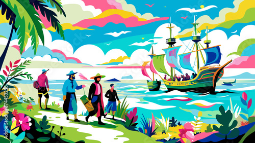 Colorful Tropical Seascape with Explorers and Sailing Ship