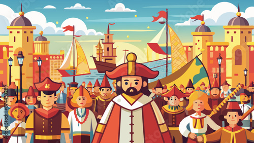 Illustration of a Medieval King and Army at Harbor with Sailing Ships