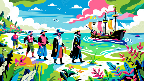 Explorers Landing on a Tropical Island with Sailing Ship