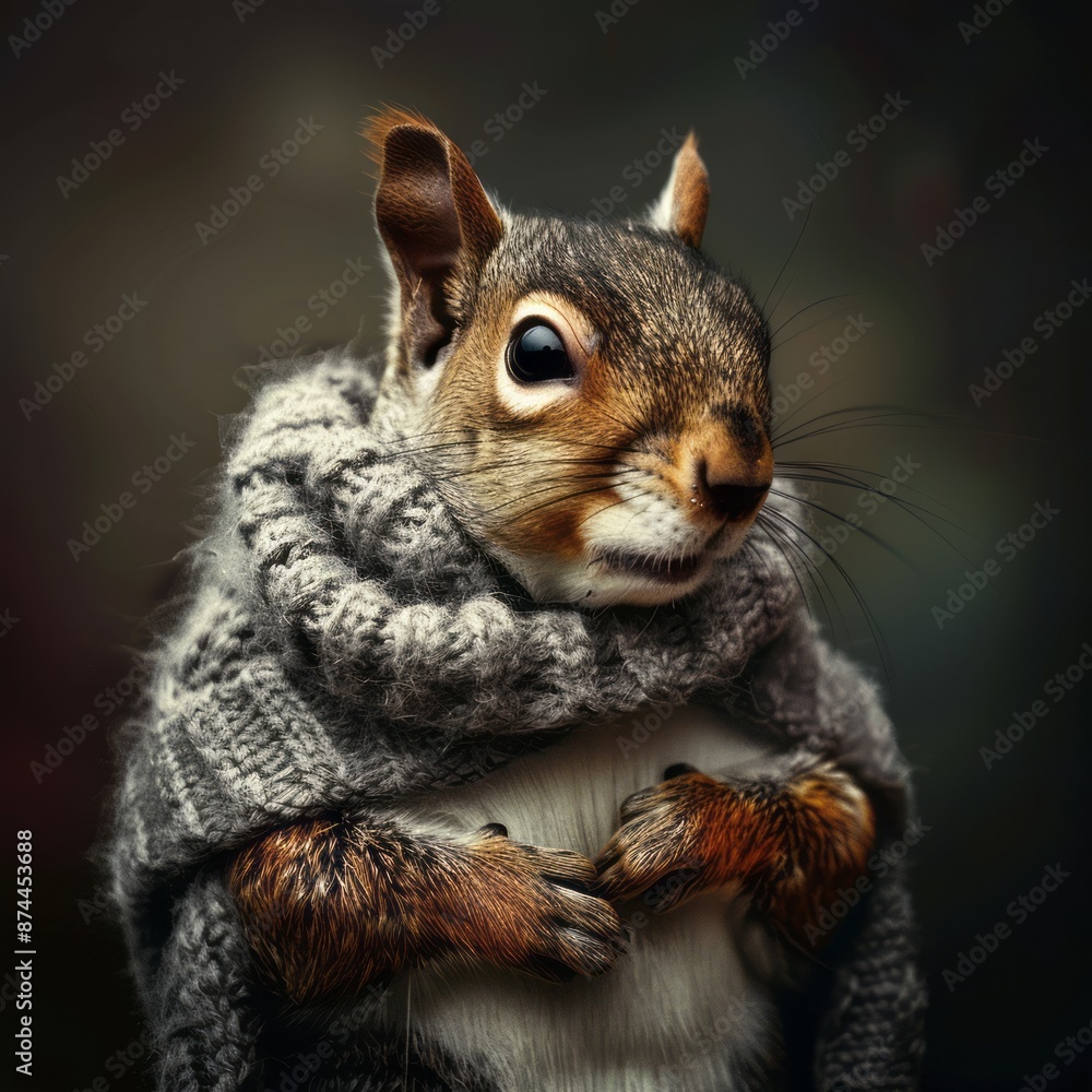 A cute squirrel wearing a cozy knitted sweater, looking adorable and snug against a neutral background
A cute squirrel wearing a cozy knitted sweater, looking adorable and snug against a neutral background