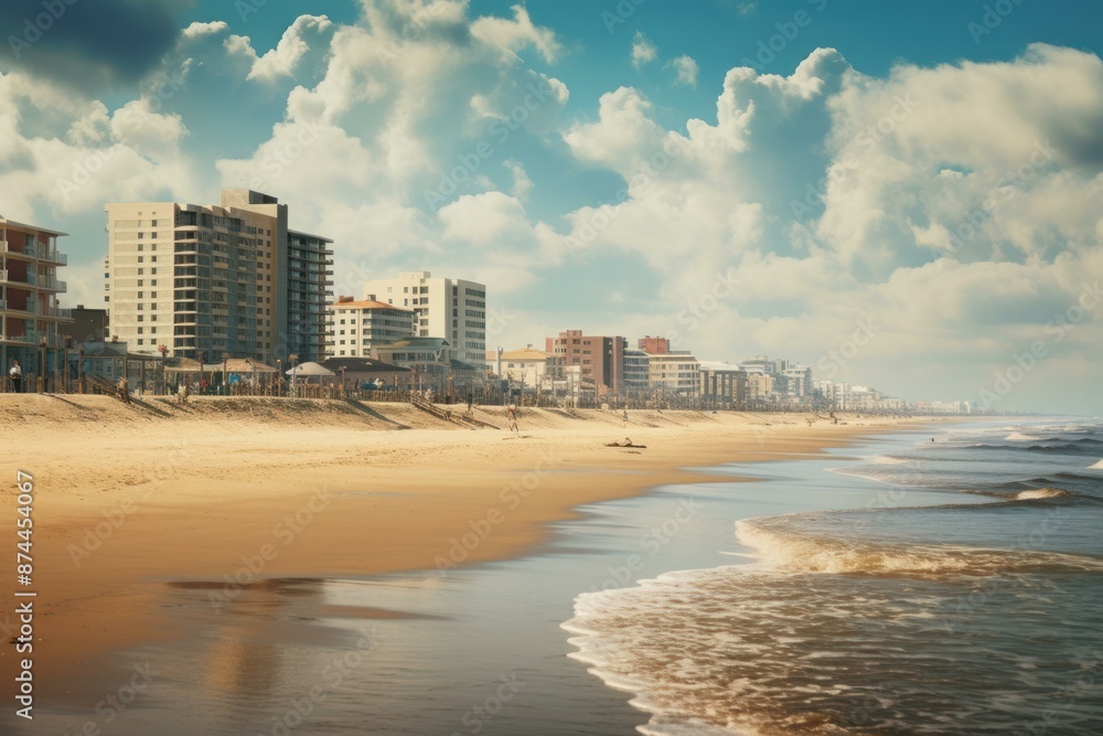 Tranquil and serene beachfront cityscape with sandy shore. Cloudy sky. And gentle waves on the tranquil seafront. Showcasing the waterfront buildings and coastline of this urban coastal area Tranquil and serene beachfront cityscape with sandy shore. Cloudy sky. And gentle waves on the tranquil seafront. Showcasing the waterfront buildings and coastline of this urban coastal area
