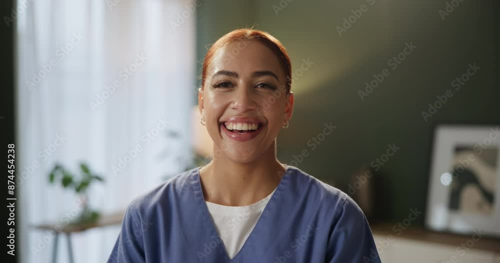 Smile, nurse and face of woman in living room for healthcare, medical support or trust in nursing home. Wellness, portrait and caregiver in scrubs for confidence, happiness or volunteer service Smile, nurse and face of woman in living room for healthcare, medical support or trust in nursing home. Wellness, portrait and caregiver in scrubs for confidence, happiness or volunteer service