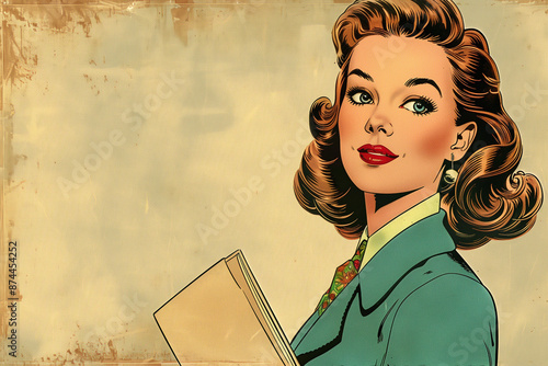 retro illustration of woman holding document