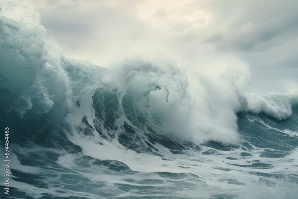 Obraz premium The majestic power of the dynamic ocean wave crashing against the turbulent aquatic environment, creating a grand and dramatic display of nature's force and energy