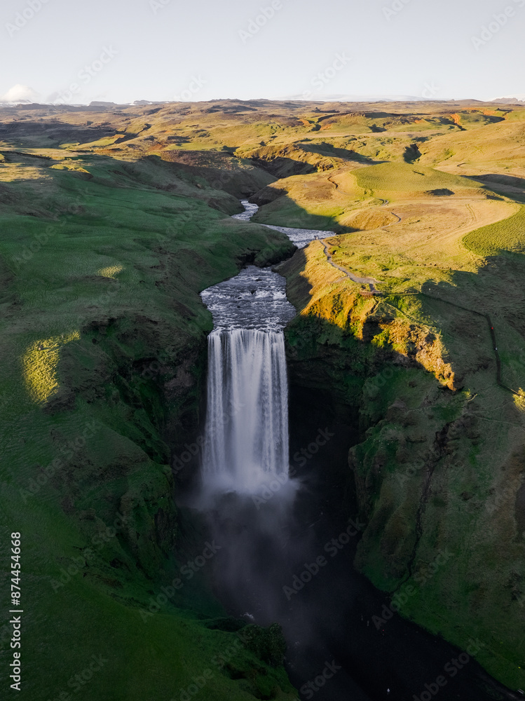 View from above, stunning aerial view of the spectacular Skógafoss Waterfall in South-Iceland. Skógafoss is one of the biggest waterfalls in Iceland.