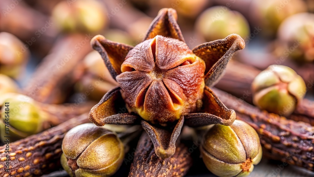 Fototapeta premium Dried clove flower bud with visible stamen and petals