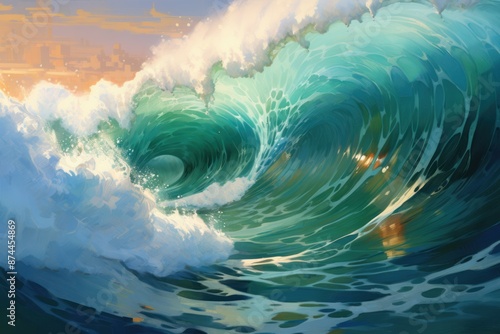 Digitally painted artwork showcasing a large, powerful wave with intricate lighting