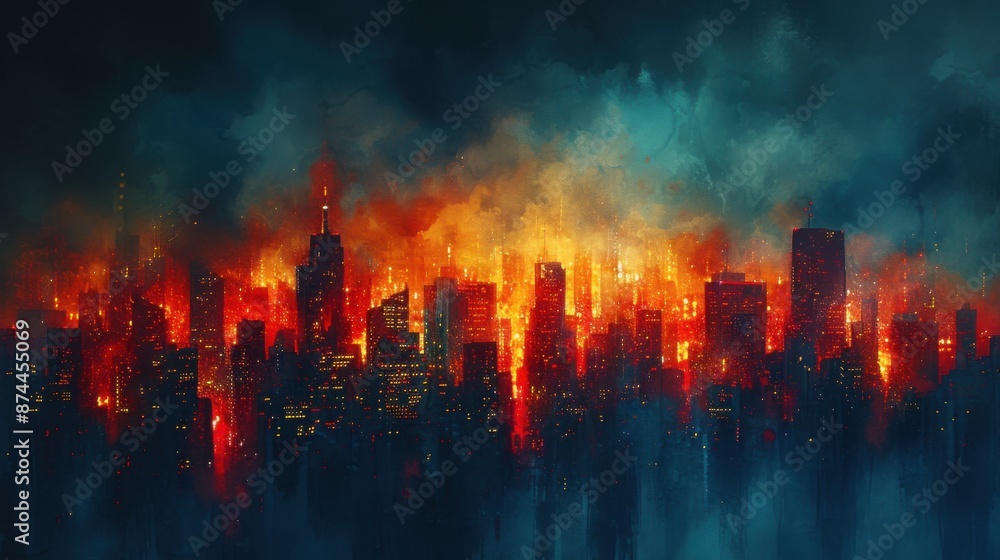 Cityscape at night, with buildings illuminated watercolor style Cityscape at night, with buildings illuminated watercolor style
