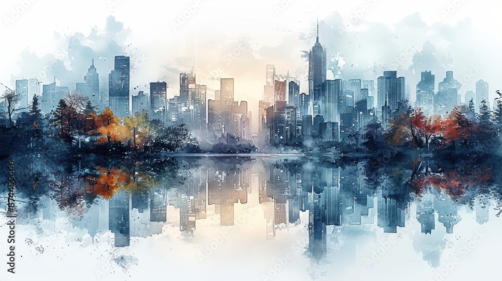 Fototapeta premium River flowing through a city, with skyscrapers reflecting in the water