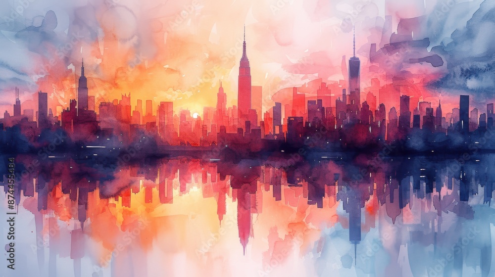 River flowing through a city, with skyscrapers reflecting in the water River flowing through a city, with skyscrapers reflecting in the water