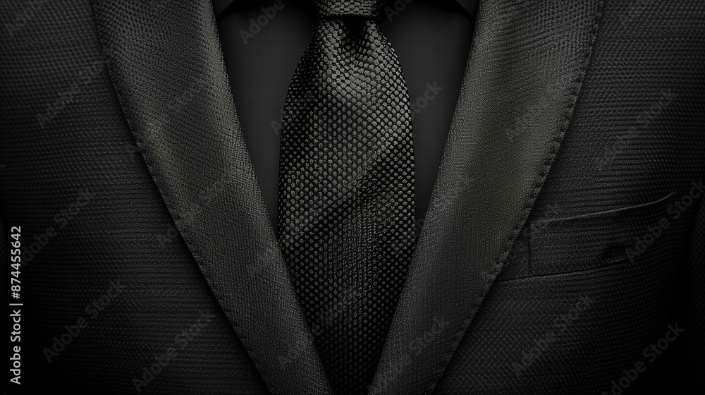 Close Up of a Black Suit Jacket With a Textured Black Tie Close Up of a Black Suit Jacket With a Textured Black Tie
