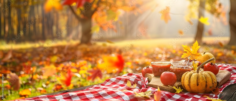 Autumn picnic setup with pumpkins, apples, and leaves on a checkered blanket in a sunlit forest. Perfect for seasonal and outdoor themes. Autumn picnic setup with pumpkins, apples, and leaves on a checkered blanket in a sunlit forest. Perfect for seasonal and outdoor themes.