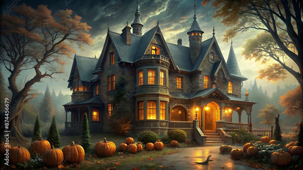 Obraz premium Mysterious Victorian Mansion with Pumpkins in Autumn