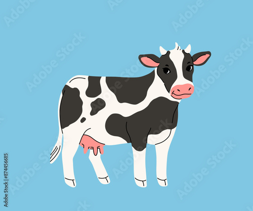 Black spotted white cow standing. Hand drawn cartoon farm animal. Cute illustration for children book isolated on light blue background.