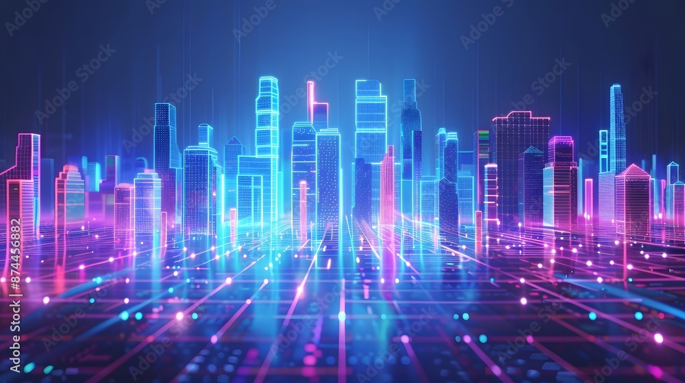 Futuristic cityscape with neon lights and digital grid, representing technology and innovation in an urban environment. Futuristic cityscape with neon lights and digital grid, representing technology and innovation in an urban environment.