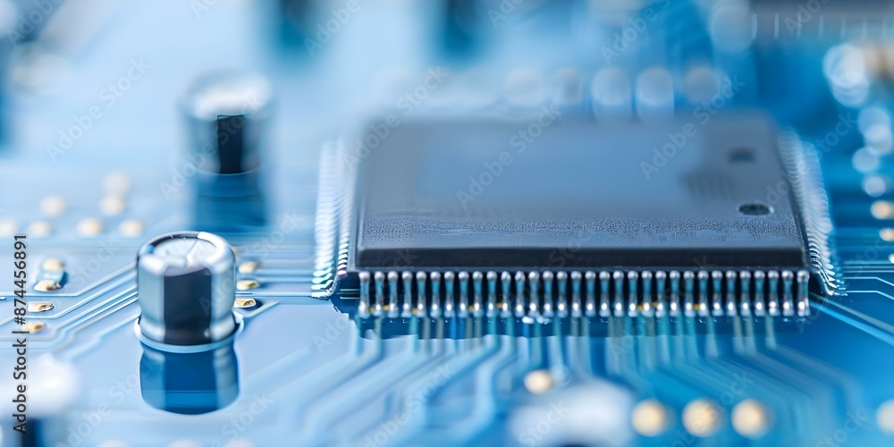 Closeup of a blue computer chip on an electronic circuit board. Concept Electronic Hardware, Close-up Photography, Blue Computer Chip, Circuit Board Technology Closeup of a blue computer chip on an electronic circuit board. Concept Electronic Hardware, Close-up Photography, Blue Computer Chip, Circuit Board Technology