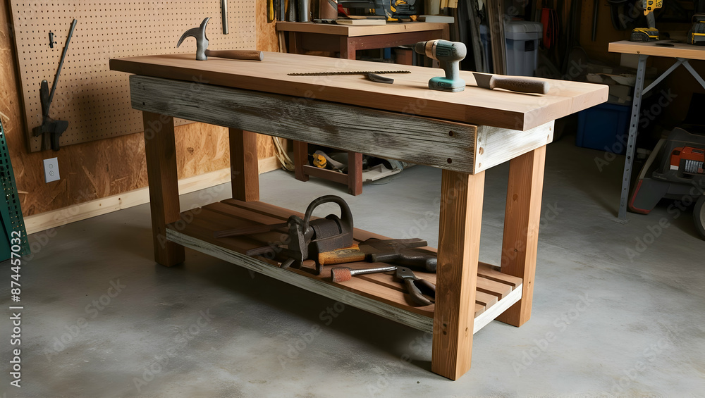 wooden workbench with a distressed finish and a set of rusty metal tools. wooden workbench with a distressed finish and a set of rusty metal tools.