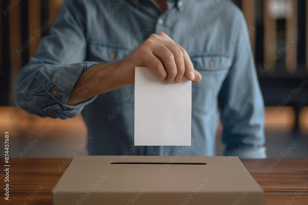 American male hand holding vote paper in ballot box for election American male hand holding vote paper in ballot box for election