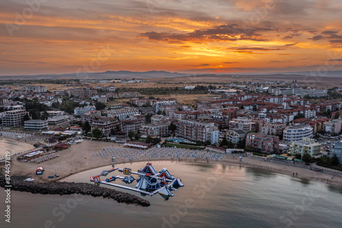 Aerial view to a sea resort Ravda, Bulgaria and beautiful sunset photo