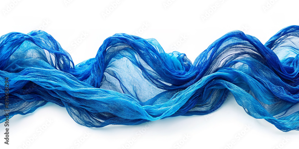 Vibrant blue fabric closeup reveals intricate plexus threads, creating abstract textile waves, capturing the essence of the clothing industry's intricate manufacturing process. Vibrant blue fabric closeup reveals intricate plexus threads, creating abstract textile waves, capturing the essence of the clothing industry's intricate manufacturing process.